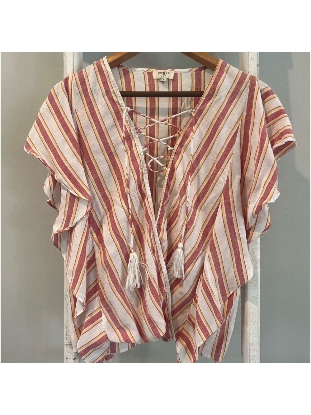 UMGEE boho striped lace up tassel detail wrap style top size small